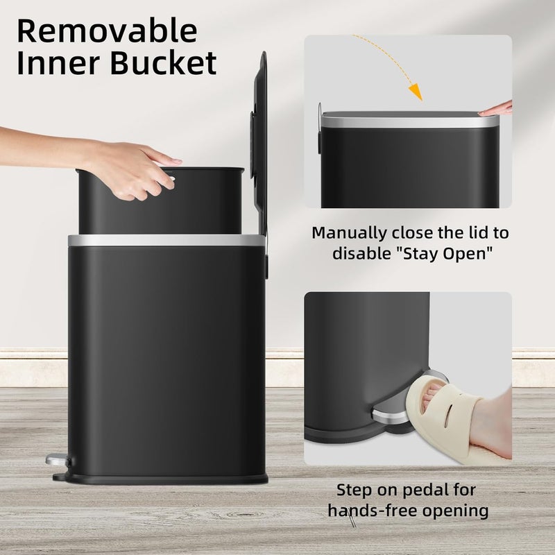 KUK Slim Bathroom Trash Can with Lid Soft Close, Step Pedal, 2.6 Gal/ 10L Stainless Steel Garbage Can with Removable Inner Bucket, Anti-Fingerprint Wastebasket for Office, Bedroom, Toilet (Black) - Image 5